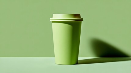 Green coffee cup with a lid sits on a green background. The cup is empty and the lid is closed