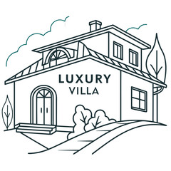 Vector art of luxury villa line art isolated on white background with trees and clouds