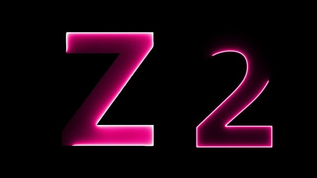 Glowing neon letter Z 2 , glowing neon font, Z 2 alphabet symbol . Seamless looping alphabet animation on black background.