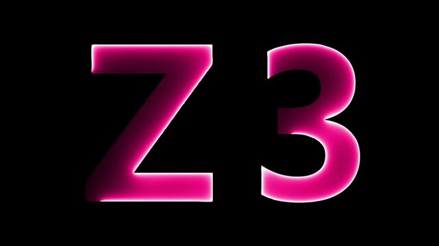Glowing neon letter Z 3 , glowing neon font, Z 3 alphabet symbol . Seamless looping alphabet animation on black background.