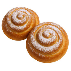 Fototapeta premium Two Golden-Brown Swirl Pastries Dusted with Powdered Sugar, Presented on a Stark Black Canvas