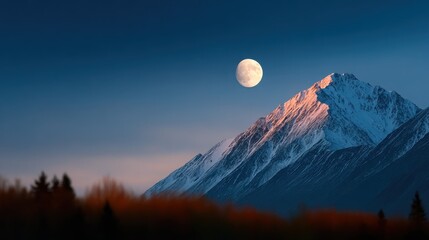 A large mountain range with a full moon in the sky