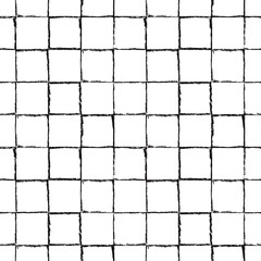 Seamless minimalist grid pattern. Hand-drawn black squares with oil pastel texture. Rustic and simple design.
