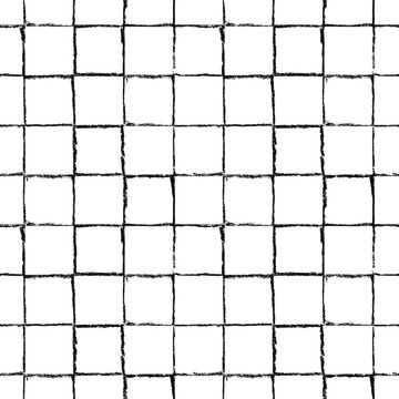 Seamless minimalist grid pattern. Hand-drawn black squares with oil pastel texture. Rustic and simple design.