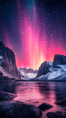Naklejka premium Mesmerizing red and pink aurora borealis swirls gracefully across the night sky above pristine snowy mountains, creating a magical, otherworldly landscape under the cold glow of winter.