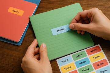 Close up of hands preparing colorful school notebooks with name stickers on a wooden table.