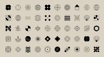Vector art of a diverse collection of abstract geometric icons and symbols with a vintage, textured line art style on a beige background