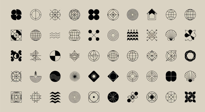 Vector art of a diverse collection of abstract geometric icons and symbols with a vintage, textured line art style on a beige background