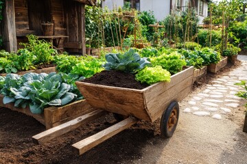 Urban organic vegetable garden featuring fresh produce and a wooden wheelbarrow filled with soil and lush greens during daylight hours in a lively city setting