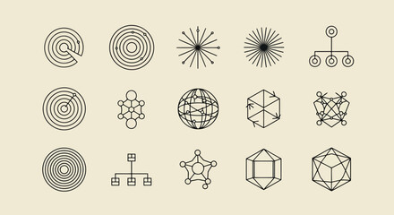 Vector art of a collection of abstract geometric icons and symbols with a vintage, textured line art style on a beige background