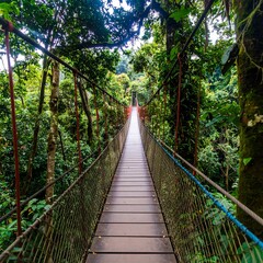 Suspension bridge disappearing into the lush green rainforest canopy in Costa Rica