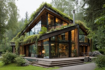 This unique house features large glass walls and a wooden structure, surrounded by lush greenery. The natural light creates a warm ambiance as evening approaches in the tranquil forest