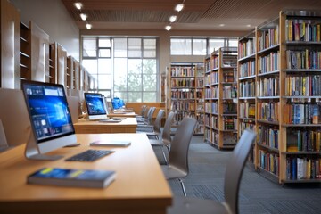 Brightly lit library showcases computer stations lined up along wooden tables. Bookshelves filled with diverse books create a cozy study environment for visitors