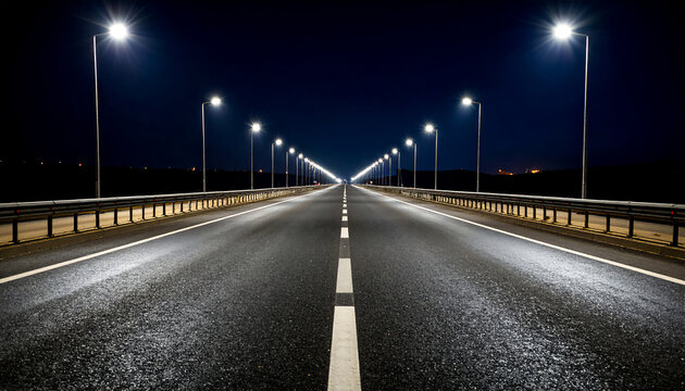 An asphalt road at night, stretching straight to the horizon, illuminated on the sides by lampposts, abstract background