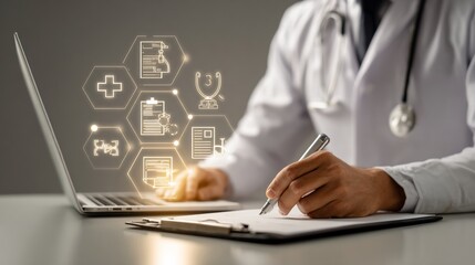 Fototapeta premium Doctor Completes Medical Documents Using Digital Interface at Clinic