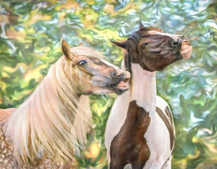HORSES CURLING LIP UP TO MAKE HUMOROUS FACE. Stylized digital photo art.