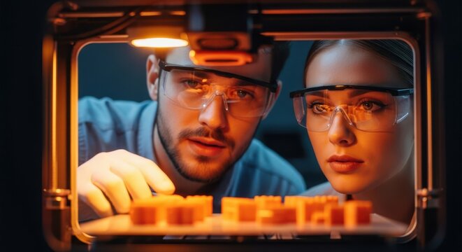 Engineers examining 3D printed objects inside a printer