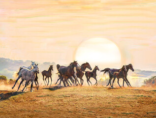 Herd of Arabian horse mares and foals running across a rise at sunrise.. Stylized digital photo art.