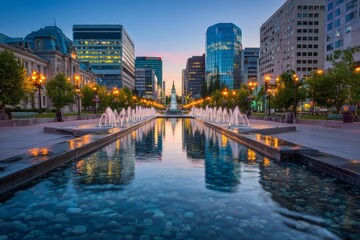 Obraz premium Fountains illuminate as the sun sets behind tall buildings in a vibrant downtown park, creating a captivating reflection on the still water below, inviting evening strolls