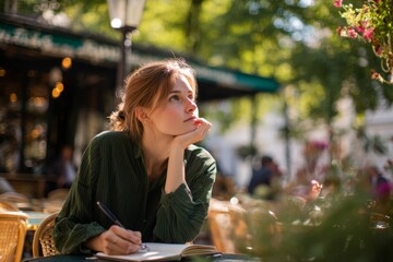 Under a bright sky, a young woman sits at an outdoor cafe table, lost in thought as she writes in her notebook. Lush greenery surrounds her, enhancing the peaceful atmosphere