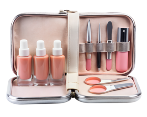 Open rose gold cosmetic makeup kit with skincare bottles, brushes, and manicure tools isolated on transparent background