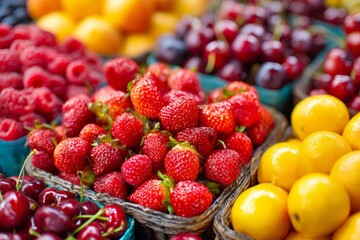 Colorful baskets filled with fresh strawberries, cherries, and lemons are arranged at a bustling local market. Shoppers browse nearby, enjoying the lively atmosphere of the day
