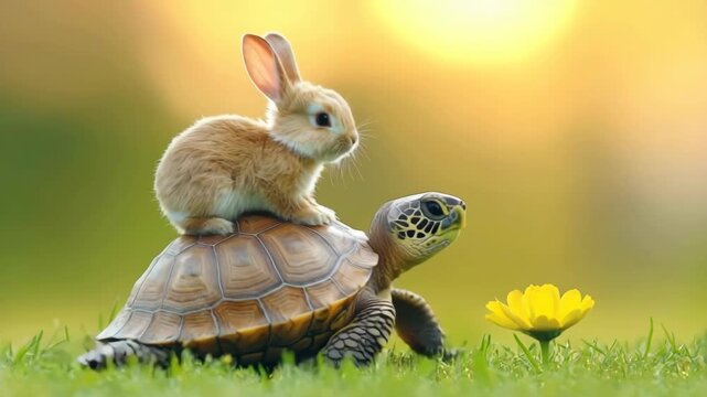 Adorable rabbit sitting on the shell of a tortoise, both in a grassy field with warm golden background.