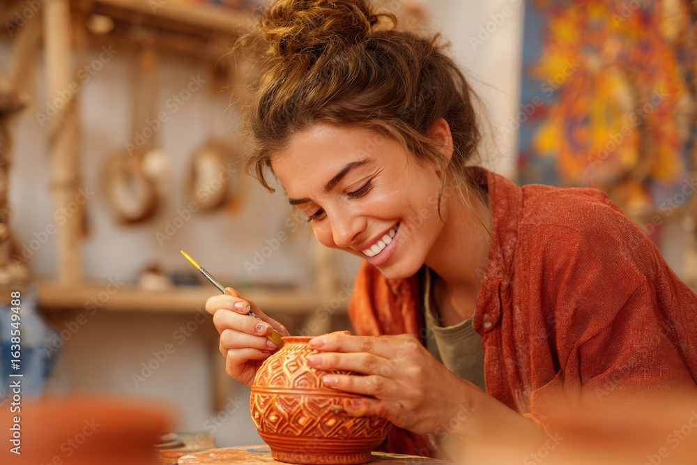 Aufkleber a skilled artisan focuses on embellishing a clay pot with colorful patterns using a fine brush. natu