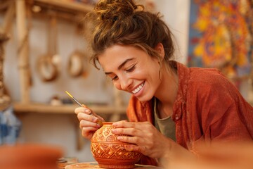 A skilled artisan focuses on embellishing a clay pot with colorful patterns using a fine brush. Natural light illuminates the workspace, showcasing artistic tools and pottery around her
