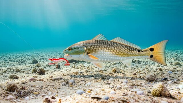 Redfish swims gracefully underwater, showcasing its distinctive tail spot while chasing a spinner