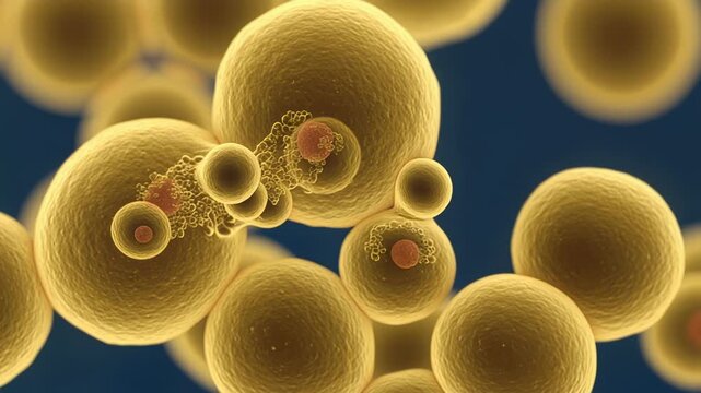 Microscopic view of yeast cells actively budding and reproducing in a dynamic display of asexual reproduction