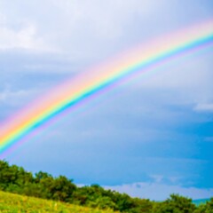 Naklejka premium Vibrant rainbow arc over serene landscape backdrop evoking inspiration and hopefulness