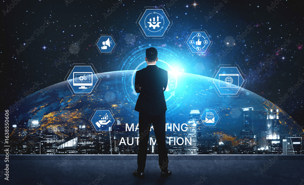 Poster marketing automation diagram showcase ai-driven campaign workflow, highlight marketing automation, d