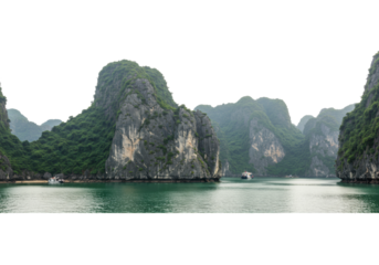 Scenic of majestic limestone mountains ha long bay nature tranquil waters panoramic perspective travel inspiration. Cut out png