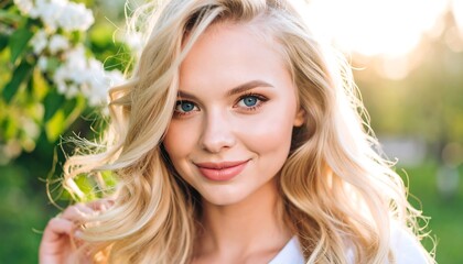 Naklejka premium Blond woman smiles outdoors