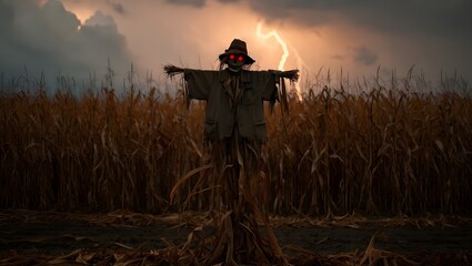 Spooky Halloween Scarecrow with Red Eyes and Lightning in Cornfield