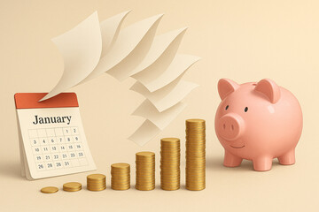 Piggy bank with growing coin stacks and January calendar