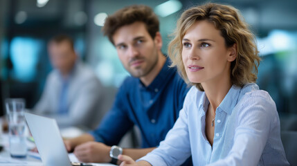 Obraz premium Colleagues collaborating on charts in a bright meeting room