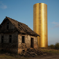 Dilapidated house beside towering stack of gold coins symbolizing wealth inequality