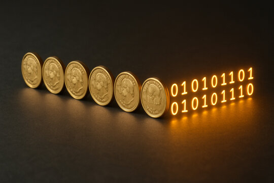 Gold coins transforming into binary code symbolizing digital currency