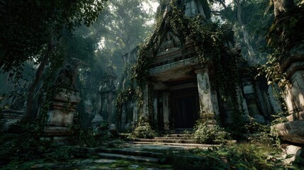 Overgrown temple ruins in jungle, sunlight streams through canopy, adventure game background