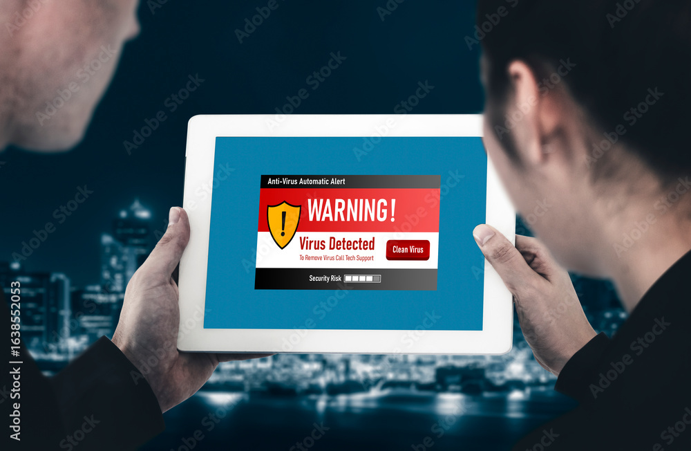 Aufkleber virus warning alert on computer screen detected modish cyber threat , hacker, computer virus and mal