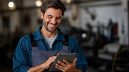 Mechanic using tablet with a smile in a soft-lit environment