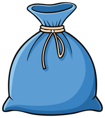 Cartoon illustration of blue sack tied with rope, concept of storage or holiday bag, container with blank space.