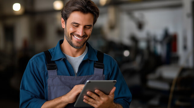 Mechanic using tablet with a smile in a soft-lit environment