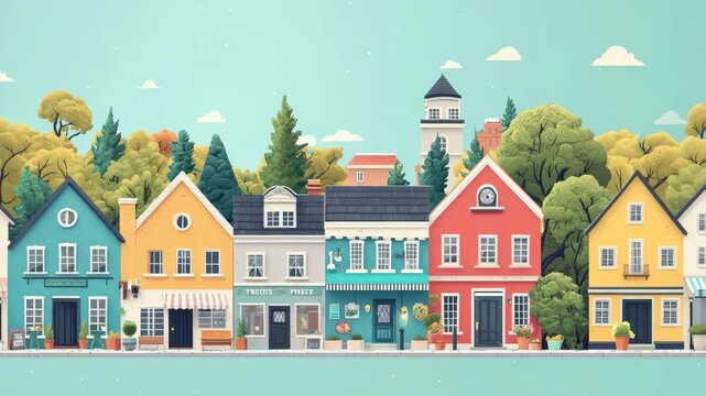 Charming row of colorful houses and storefronts along a small-town street, surrounded by lush trees under a bright sky.