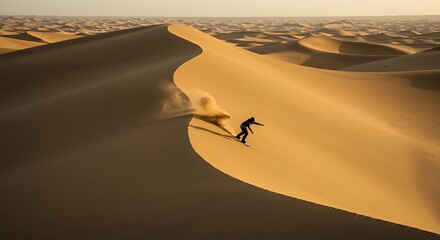 Sandboarding Adventure Riding Down a Majestic Dune in a Desert Landscape