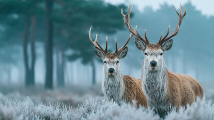 Two graceful deer grazing peacefully in a frosty forest at dawn. Soft morning light filters through the trees, illuminating the serene winter landscape. Gentle mist and frost cover the ground, evoking