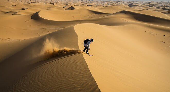 A person sandboarding down a massive golden dune in a vast arid desert landscape - Powered by Adobe