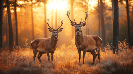 Two graceful deer grazing peacefully in a frosty forest at dawn. Soft morning light filters through the trees, illuminating the serene winter landscape. Gentle mist and frost cover the ground, evoking